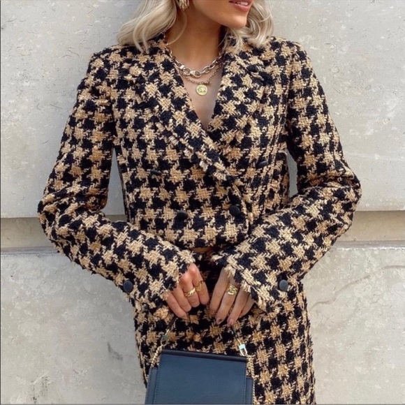 NWT House of Harlow 1960 Houndstooth Double Breasted Crop Tweed Blazer Jacket - Picture 3 of 9